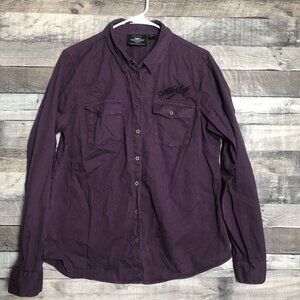 Harley Davidson Embroidered Shell Spell Out Long Sleeve Button Up Purple Large